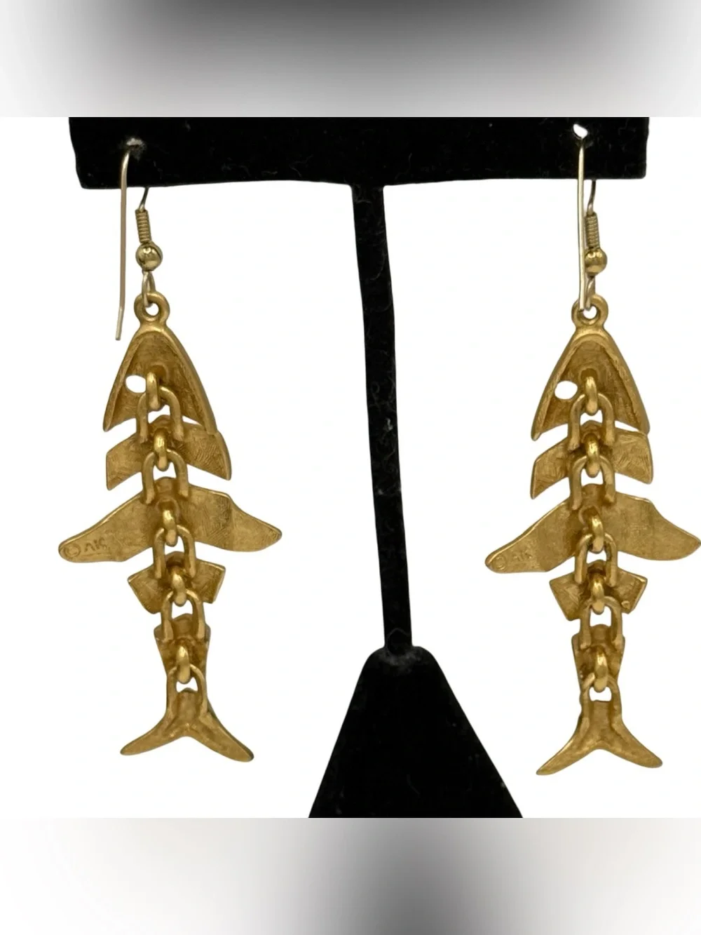 Vintage Anne Klein Articulated Fish Bone Matte Gold Earrings